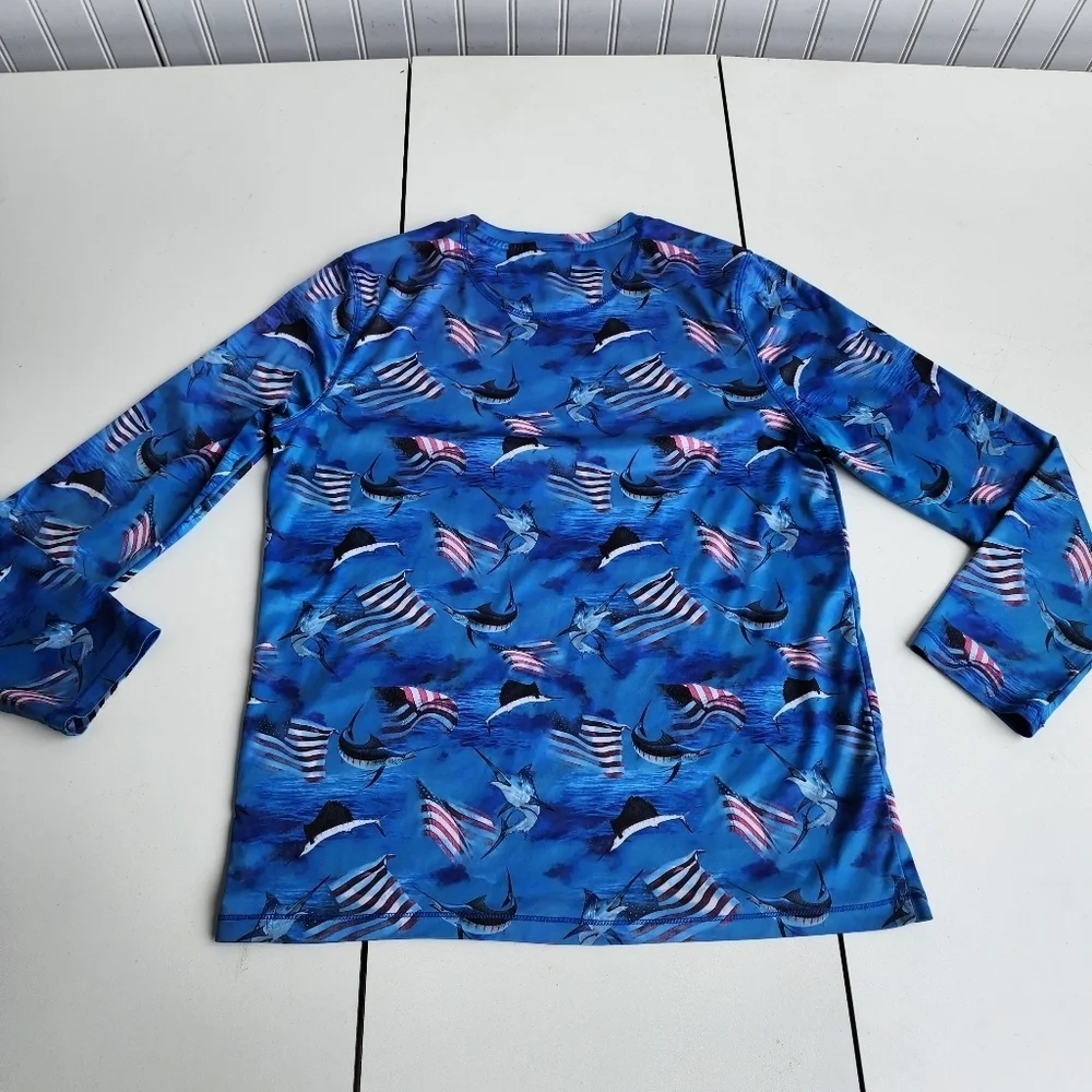 Reel Legends Boys Sword Flag Fish Print Activewear Long Sleeve Shirt L 14/16